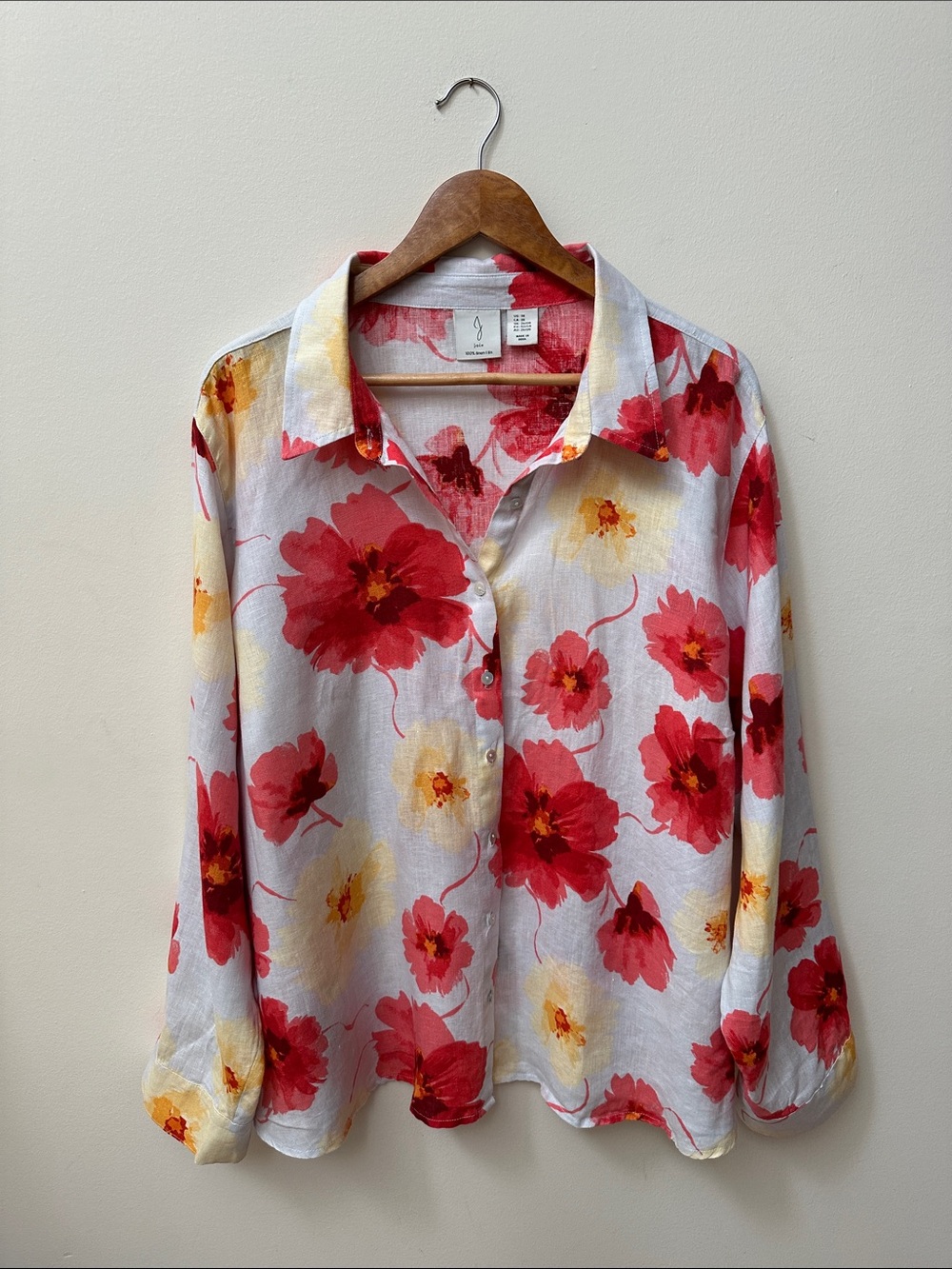 Linen White Button-Down Blouse with Red & Yellow Floral Print